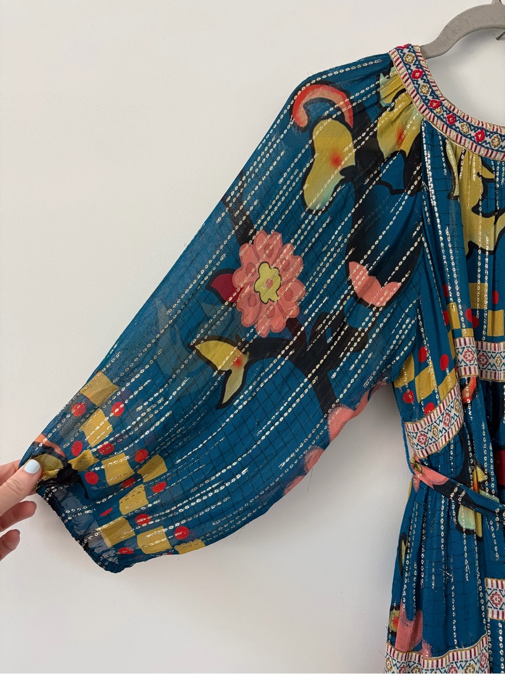 Anthropologie Verb Eulalia Shimmer Tunic Dress Hawaiian Blue Boho Cocktail Dress - Picture 4 of 11
